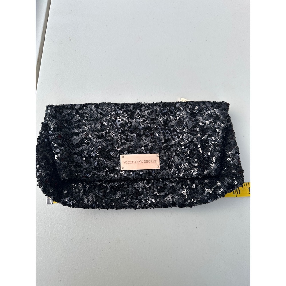 Victoria's Secret Black‎ Sequin Foldover Clutch Bag Rose Gold Logo Evening Bag